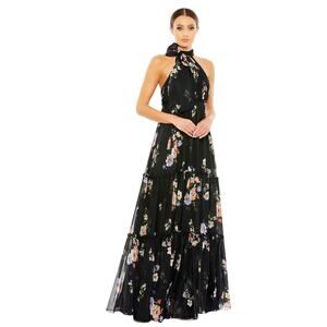 Ieena for Mac Duggal Black Floral Print High Neck Gown